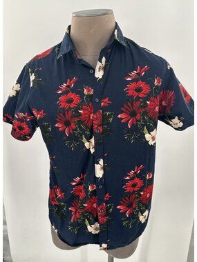 Cactus Man Ricky Singh Men's Blue Red Floral Camp Shirt Hawaiian Cruise Casual L